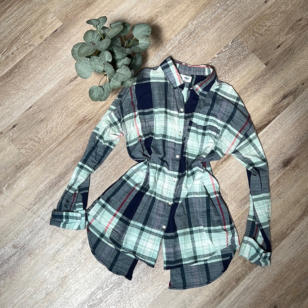 Old Navy Boyfriend Blue & Mint Plaid Button Down Size Small